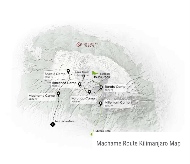 Tour Map for Climb Kilimanjaro via Machame Route and Safari